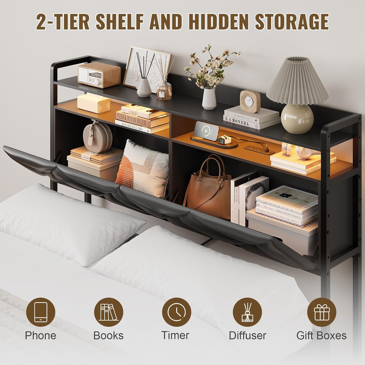 SELOOYE Headboard Queen Size with 2-Tier Open Space and Pull-Out Hidden Storage, Upholstered Headboard with Charging Station, Height Adjustable Sturdy Queen Bed Head Only, Easy Assembly, Black