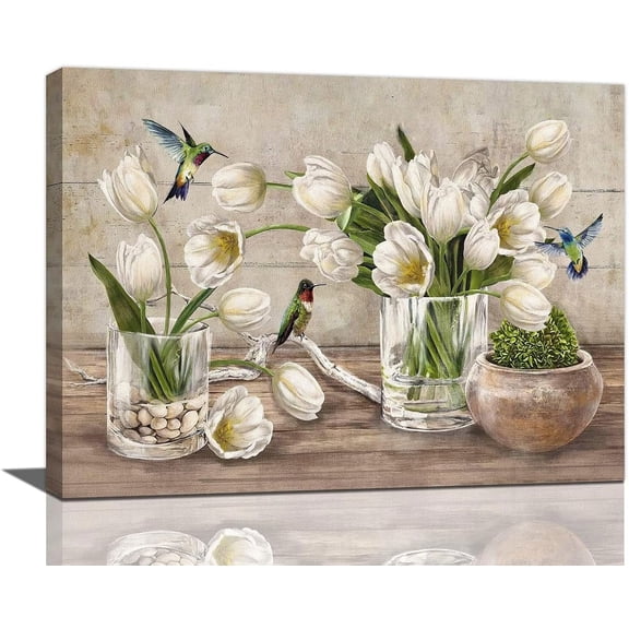 Farmhouse Floral Bathroom Wall Art Tulip Hummingbird Bathroom Pictures Flowers Bathroom Wall Decor Rustic Country Bathroom Canvas Painting Framed Artwork for Bathroom Kitchen Bedroom 16"x12"