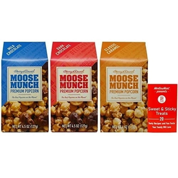 Harry & David Moose Munch Premium Popcorn 3 Flavor Variety (1) each: Dark Chocolate, Classic Caramel, Milk Chocolate (4-4.5 Ounces)   MerlinsMart Zine