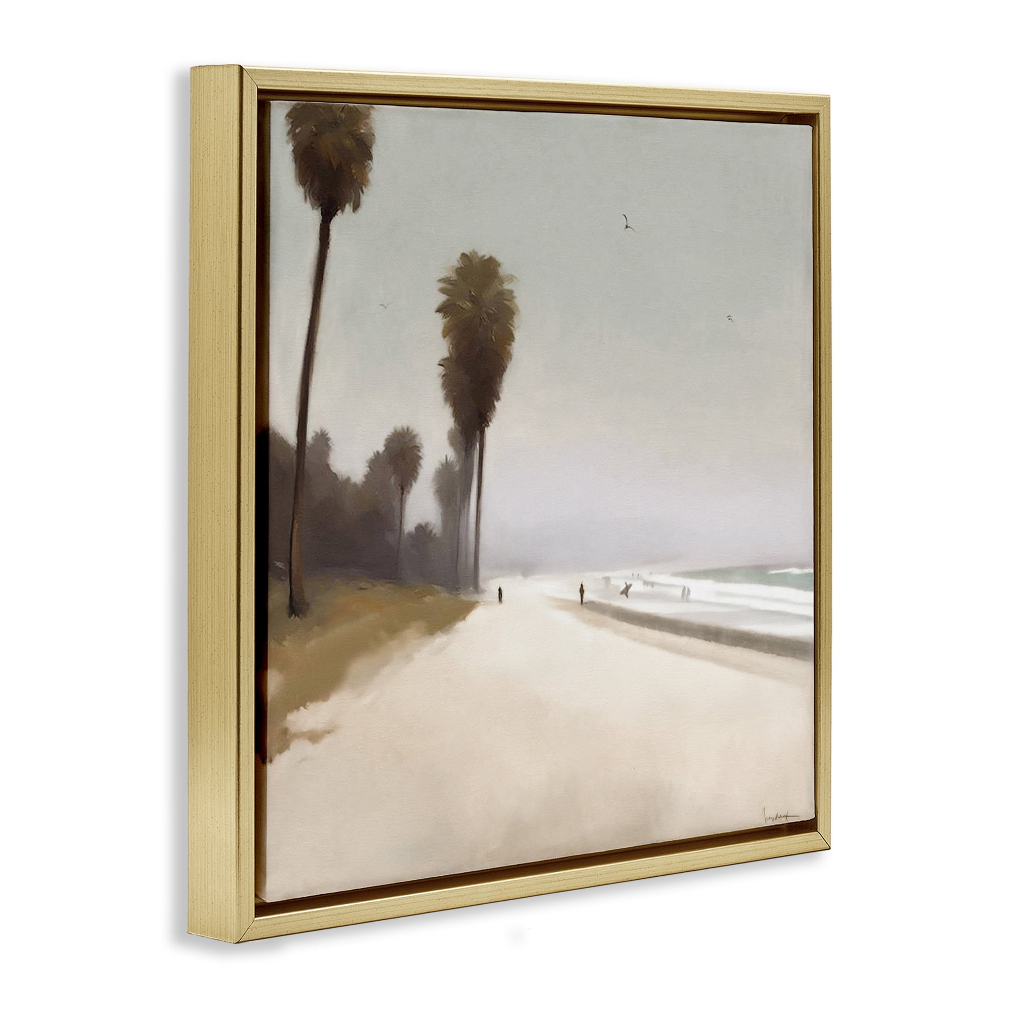 Stupell Industries Palm Lined Beach Landscape & Nature Painting Gold Floater Framed Canvas Art Print Wall Art, 18 x 18