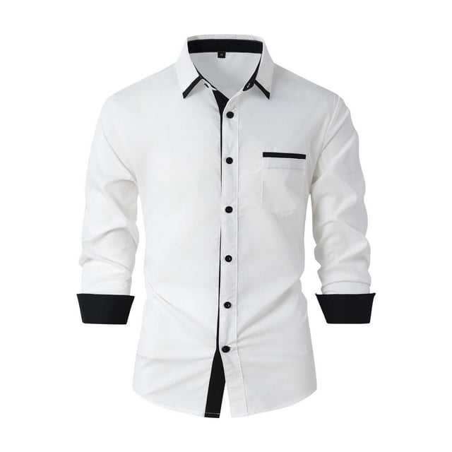 WTXUE Button-Up Shirts Long Sleeve, Notch Neck Shirts for Men Spring Fall Shirts Lapel Buttons Shirt Tops Cardigan Patchwork | Workwear for Men White 3XL