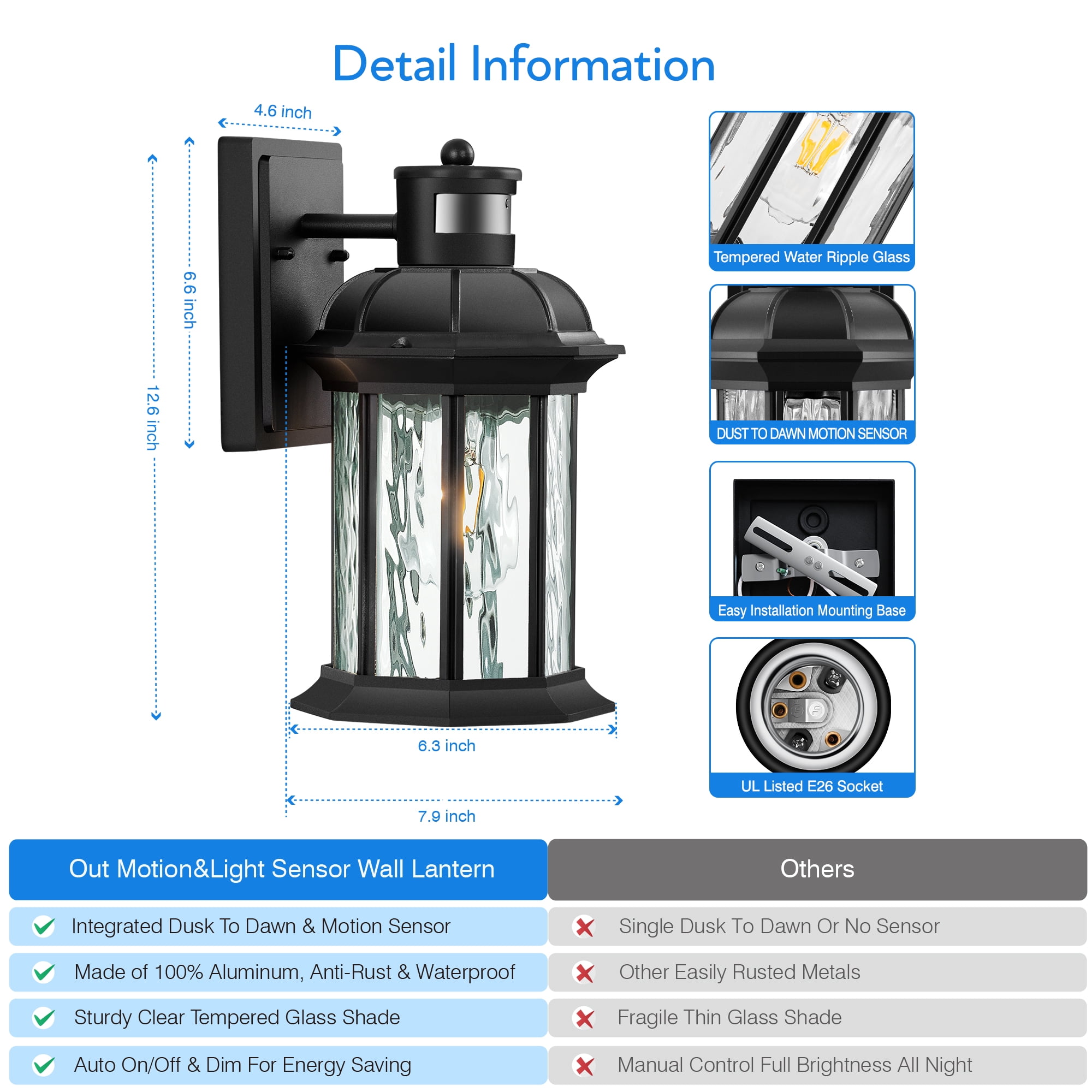 VIANIS Dusk to Dawn Motion Sensor Outdoor Porch Lights, Modern Black Exterior Light Fixtures Wall Mount, Anti-Rust Aluminum outdoor light coach With Tempered Ripple Glass For Garage