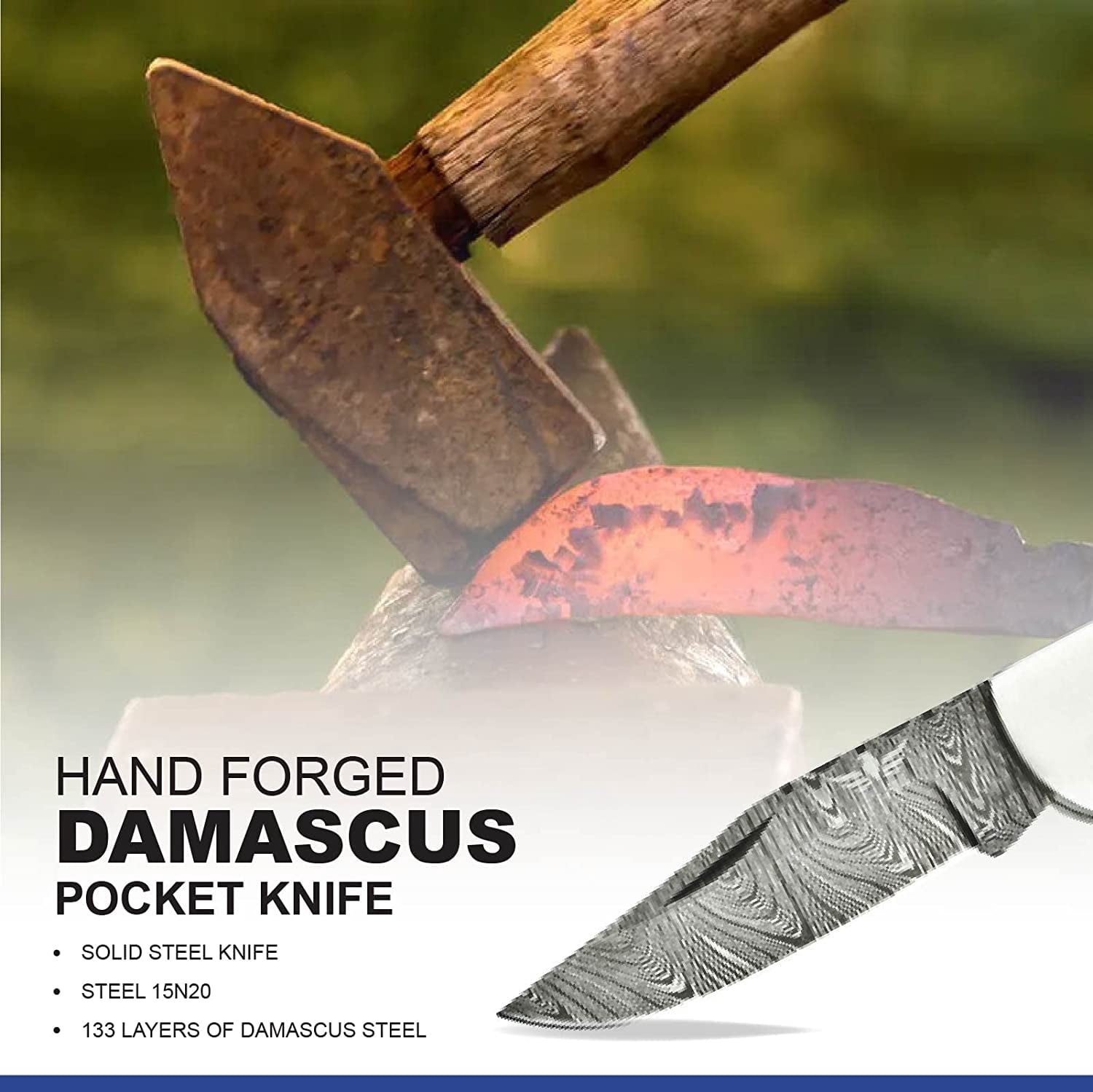 Lara Eagle Damascus Pocket Knife Gray Wooden Handle Handmade Knives with Sharpener and Leather Pouch - 3 inch blade