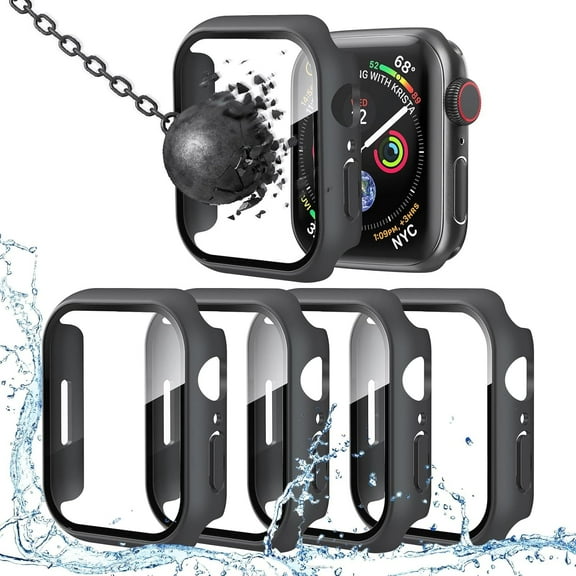 KOMI 4Pcs Screen Case Compatible with Apple Watch, Waterproof Full Coverage Hard PC Bumper Protective Cover Built in HD Tempered Glass Screen Protector Compatible with Apple Watch 45mm