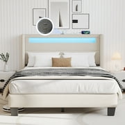SYNGAR Full Bed Frame with USB Port and LED Light, Modern Platform Bed Frame No Box Spring Needed with Linen Upholstered Headboard, Easy Assembly, Beige