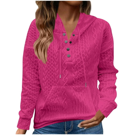 QQAMB Hoodie for Women V-Neck Button Casual Loose Long Sleeve Plain Printed Sweatshirts Pocket Fall Hiking Lightweight Hoodies Hot Pink L