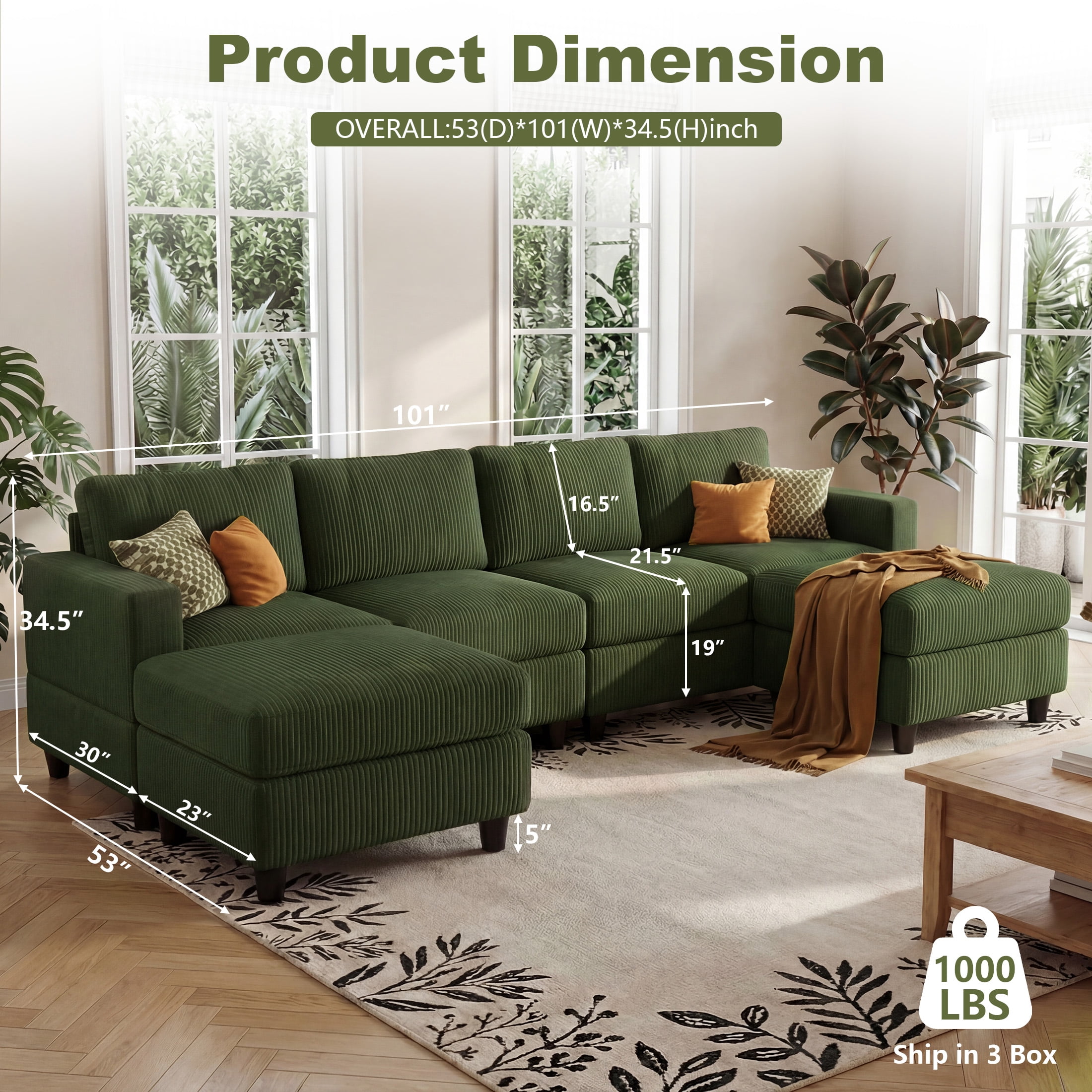 Aukfa 101" Corduroy U-Shaped Sectional Sofa with 2 Ottomans, 6-Seater Cloud Couch, Green