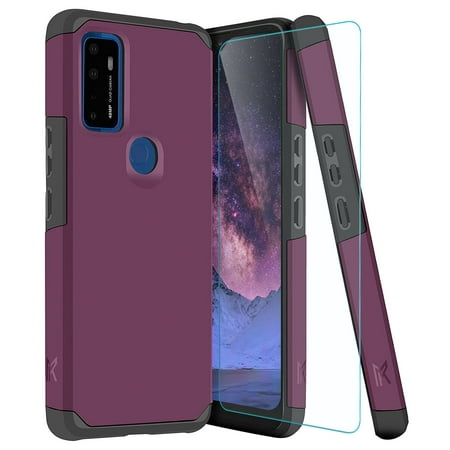 TJS Phone Case for Cricket Dream 5G / Innovate 5G / AT&T Radiant Max 5G / Fusion 5G, with Tempered Glass Screen Protector, Dual Layer Drop Protection Impact Rugged Armor Cover (Purple)