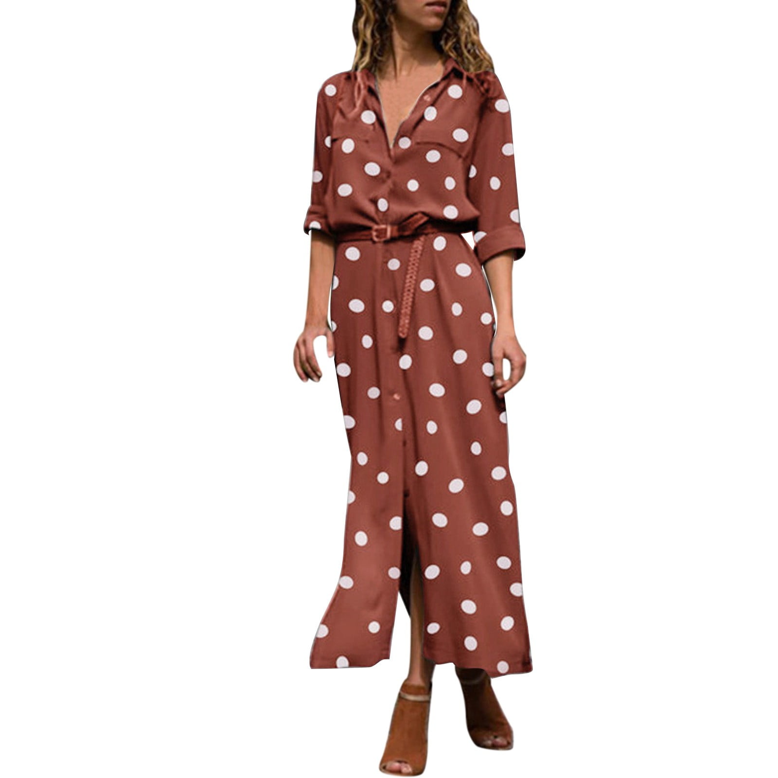 UANWENN Summer Polka Dot Print Maxi Dress Women's Button Slit Long