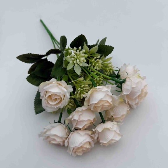 Artificial 10-Head Pearl Rose Flowers, Small Bunches of Silk Roses for Home Floor Standing Ornaments, Indoor Hotel Soft Decoration, Champagne