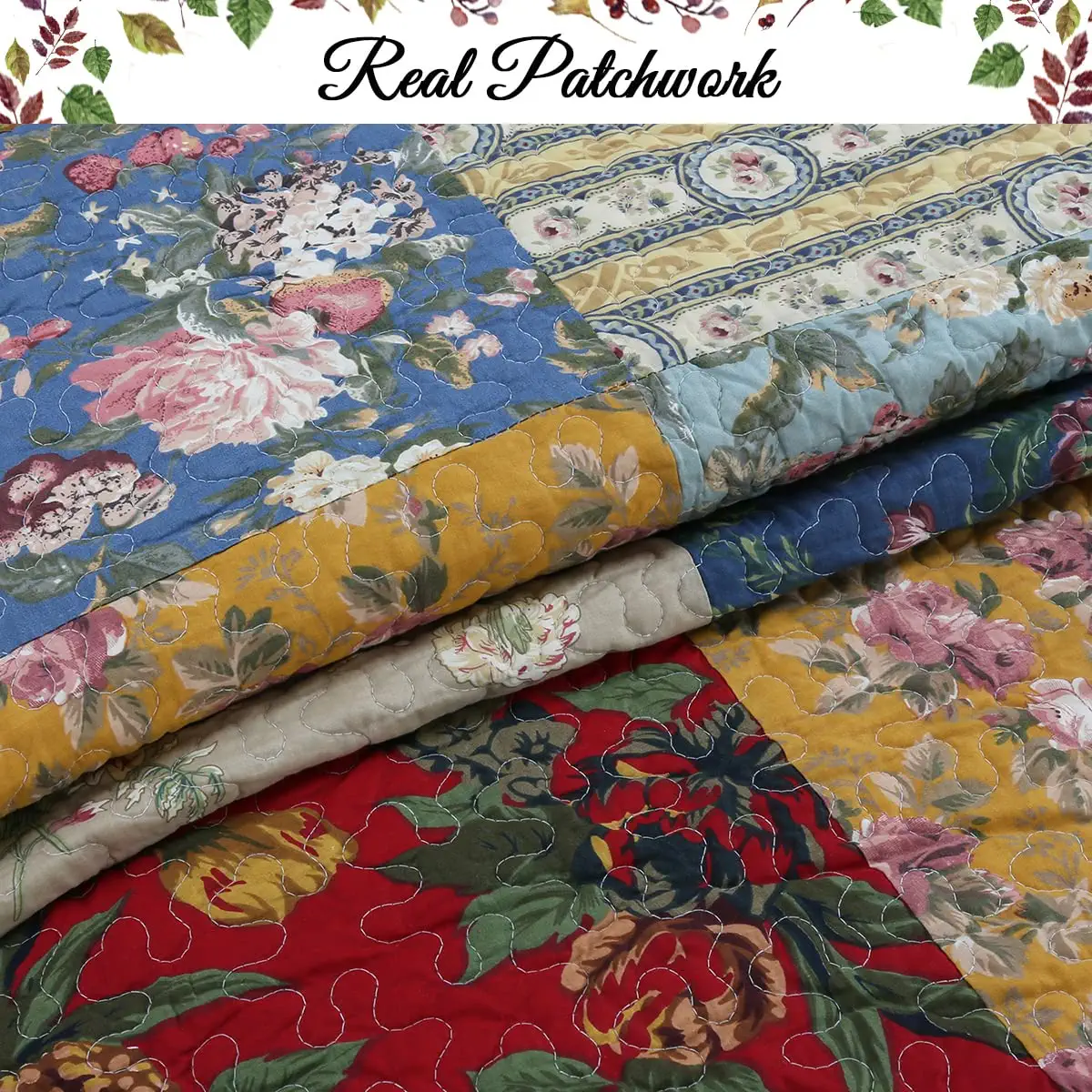 Cozy Line Home Fashions Country Floral True Patchwork 100% Cotton 3-Piece Reversible Quilt Bedding Set, King
