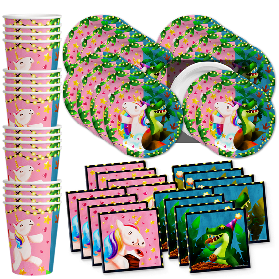 Unicorns & Dinos Joint Birthday Party Supplies Set Plates Napkins Cups Tableware Kit for 16