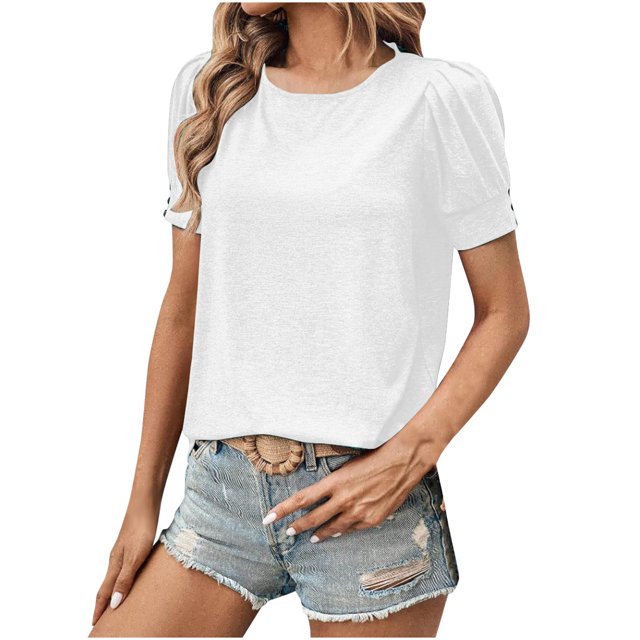 Plebaso Women's 2025 Tops Puff Short Sleeve Crewneck T Shirts Casual Solid Color Summer Spring Blouses