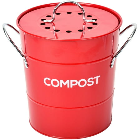 Poubelle à compost de cuisine en acier Spigo avec filtre à charbon ventilé  et seau, rouge, 1 gallon