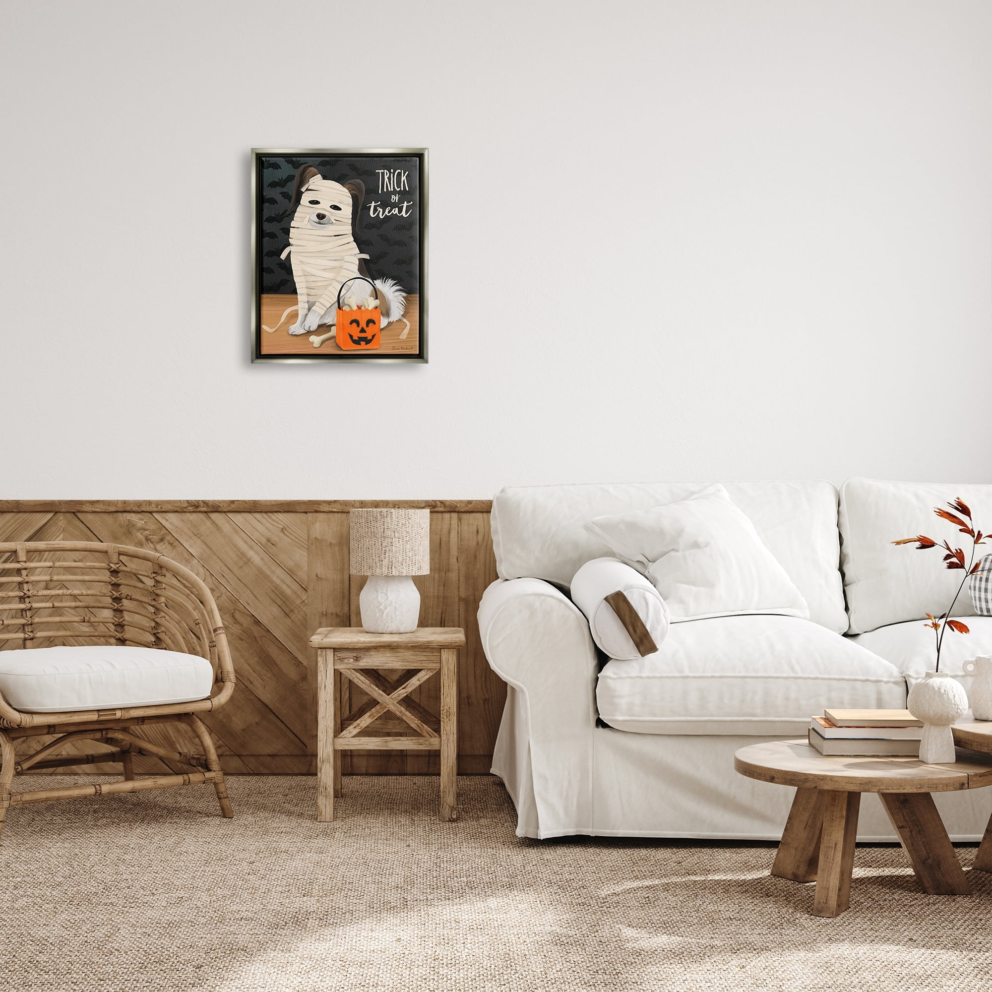 Stupell Industries Dog Wearing Mummy Costume Trick or Treat Halloween Graphic Art Luster Gray Floating Framed Canvas Print Wall Art, Design by Diane Neukirch
