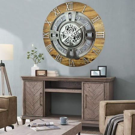 THE GEARS CLOCK Wall Clock with Real Moving Gears EN-LI_ 36 in Round Wood-Stone