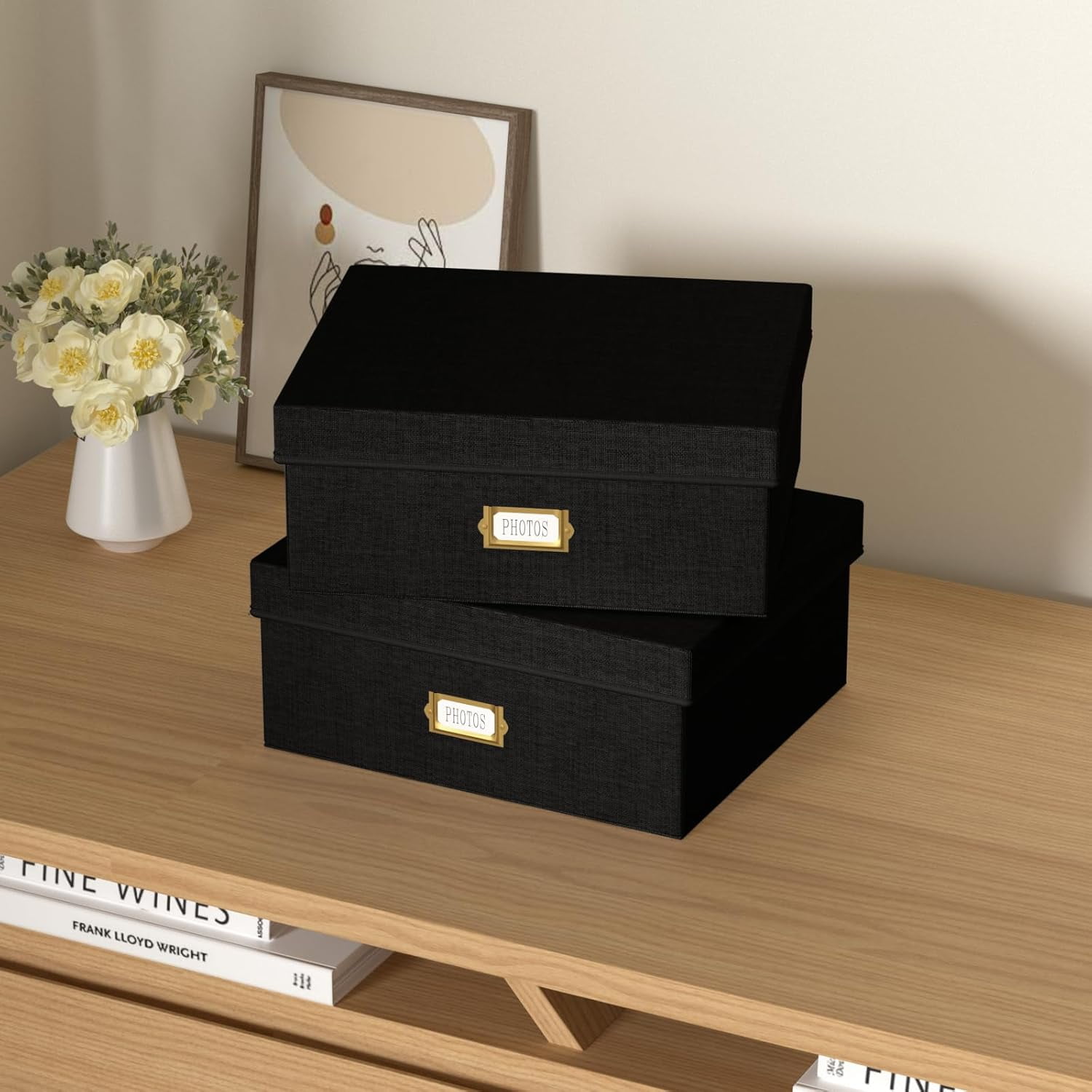 Decorative Photo Storage Box - 2 Pack Linen Photo Box Organizer with Dividers, Fits Holds  to 1700 Pictures and 4x6 Photos, Memory Keepsake Organizer for Scrapbook Supplies, Cards, Stamps (Black)