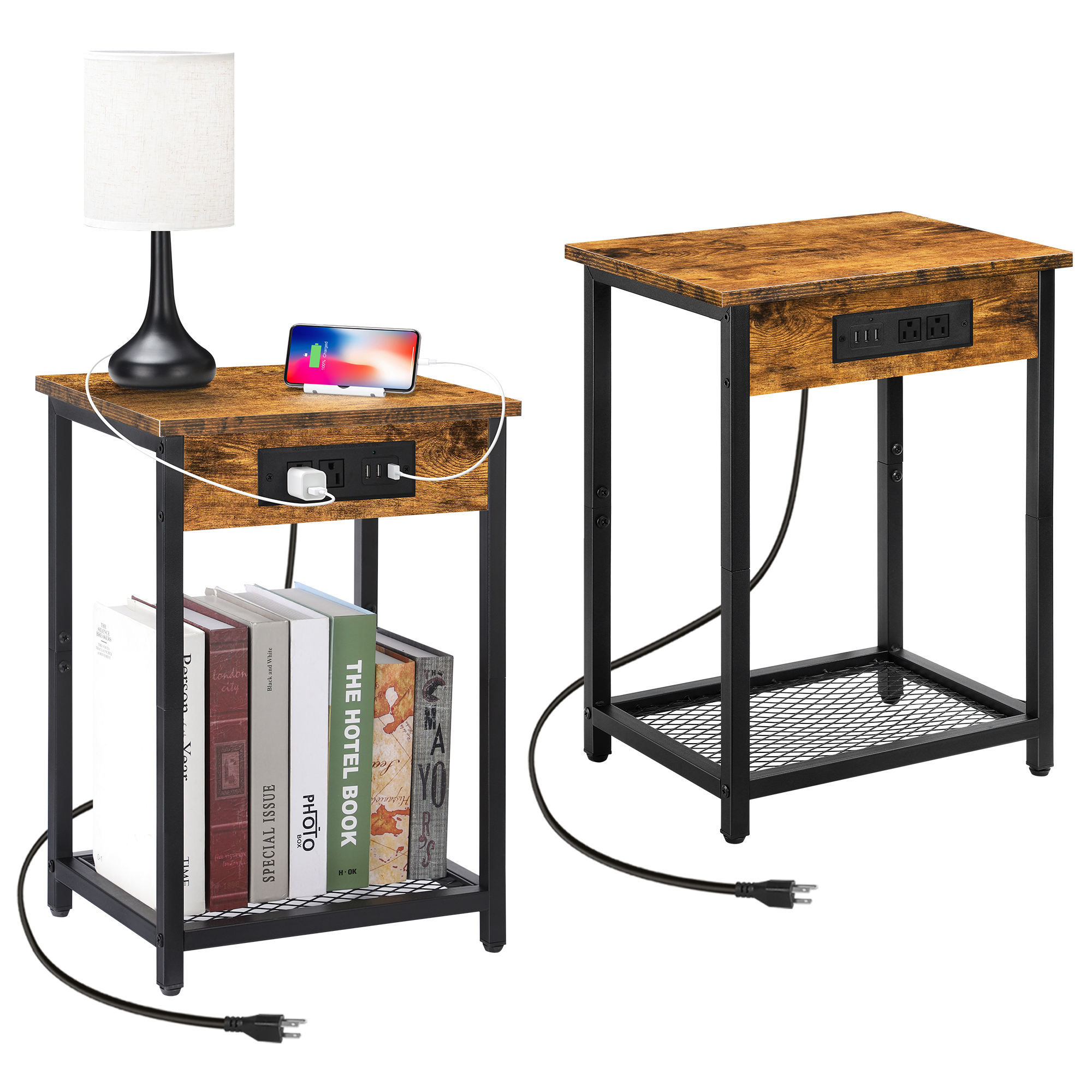 Oumilen Adult Nightstand End Table with Charging Station Rustic Brown, Set of 2