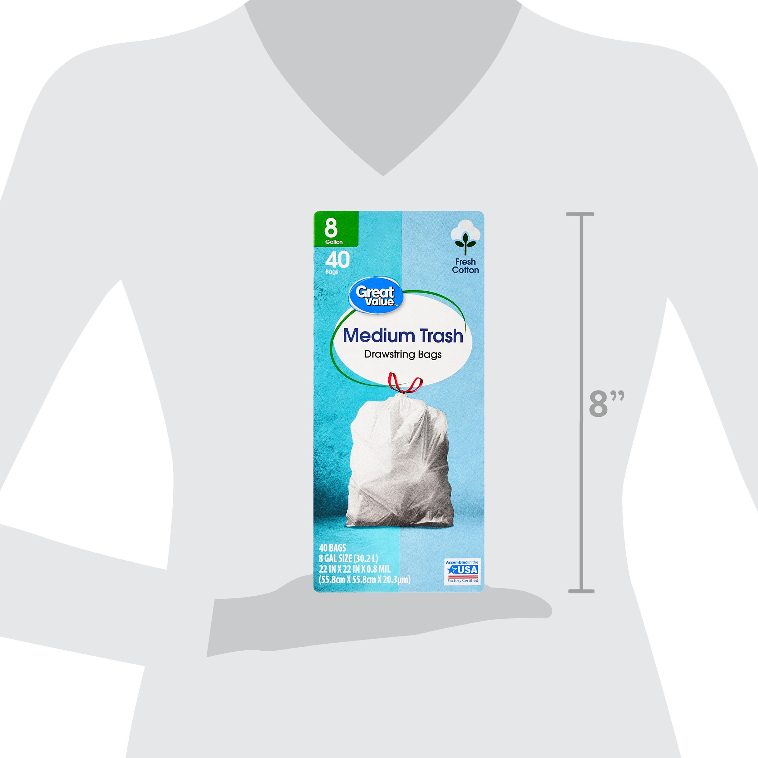 Great Value Medium Drawstring Trash Bags, Fresh Cotton Scent, 8 Gallon, 40 Count