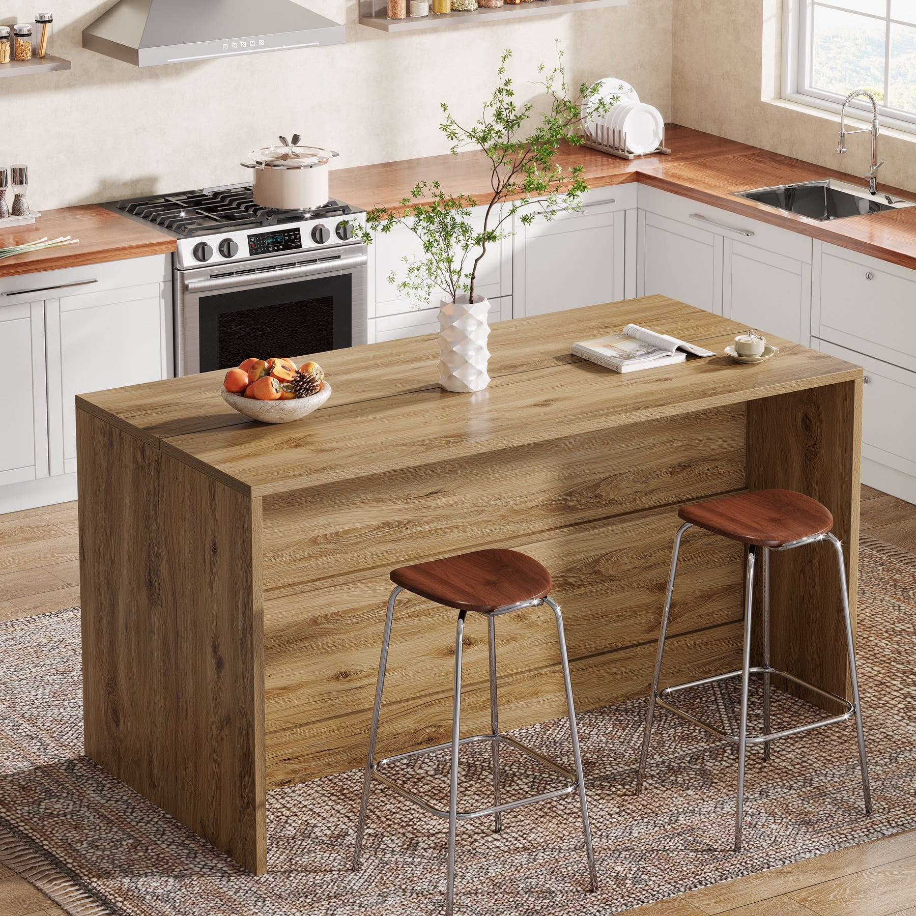 Finmind 59-inch Kitchen Island with Storage, 3-Tier Farmhouse Stationary Island Table with Spaciouse Tabletop and Seating Area for Dining Room, Kitchen, Light Wood