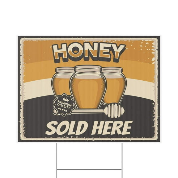 Honey Sold Here Sign, Yard Sign, 18x12, 24x18, 36x24, Double Sided, H-Stake Included, v1