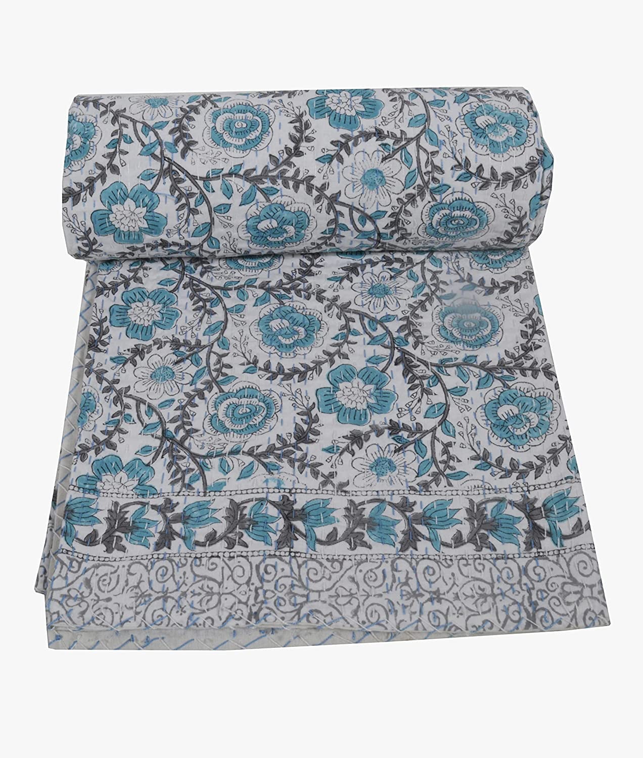 Hand Block Print Kantha Quilt Blanket Throw Bedspread Bedding Cotton Twin Size 