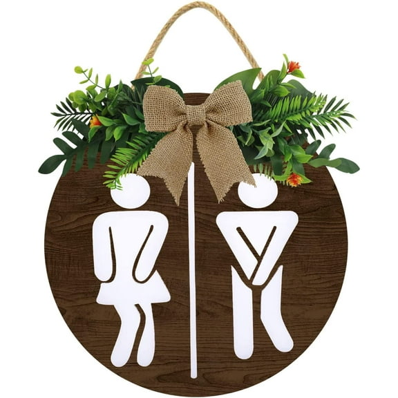 Eveokoki 12" Unisex Bathroom Front Door Sign Funny Wreaths Hanging Wooden Plaque Decoration Round Rustic Wood Farmhouse Porch Decor for Home Front Door Decor