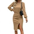 thumbnail image 4 of Fesfesfes Women Dress Fall Solid Causal Round Neck Long Sleeve Vacation Split Dress, 4 of 7