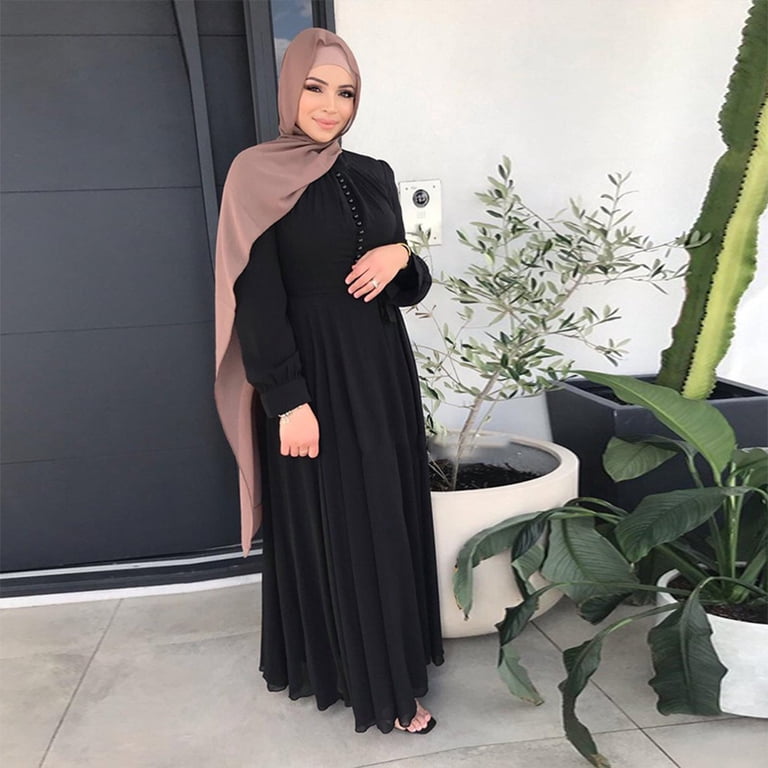 GENEMA Women Muslim Maxi Long Lined Pleats Dress Belted High Waist Buttons  Chiffon Abaya Kaftan Robe Flowy Swing Islamic Gown - Walmart.com