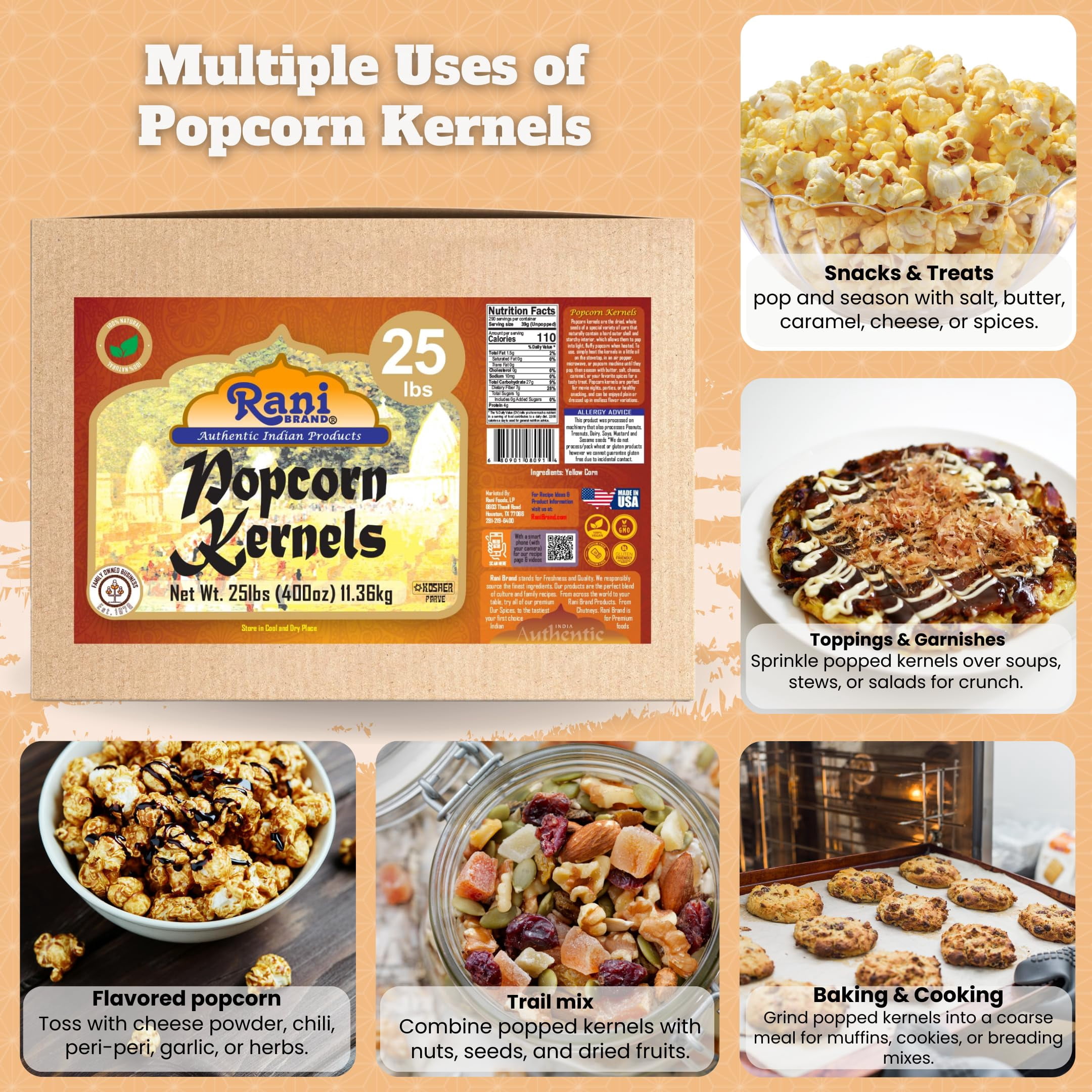 Rani Popcorn Kernels 400oz (25lbs) 11.36kg Bulk, Perfect for Stovetop, Microwave & Popcorn Machines ~ All Natural | Gluten Friendly | Vegan | NON-GMO | Kosher