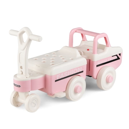 Costway 4 in 1 Ride on Push Car,Sliding Walking Car with Trailer, Music, Under-Seat Storage Pink