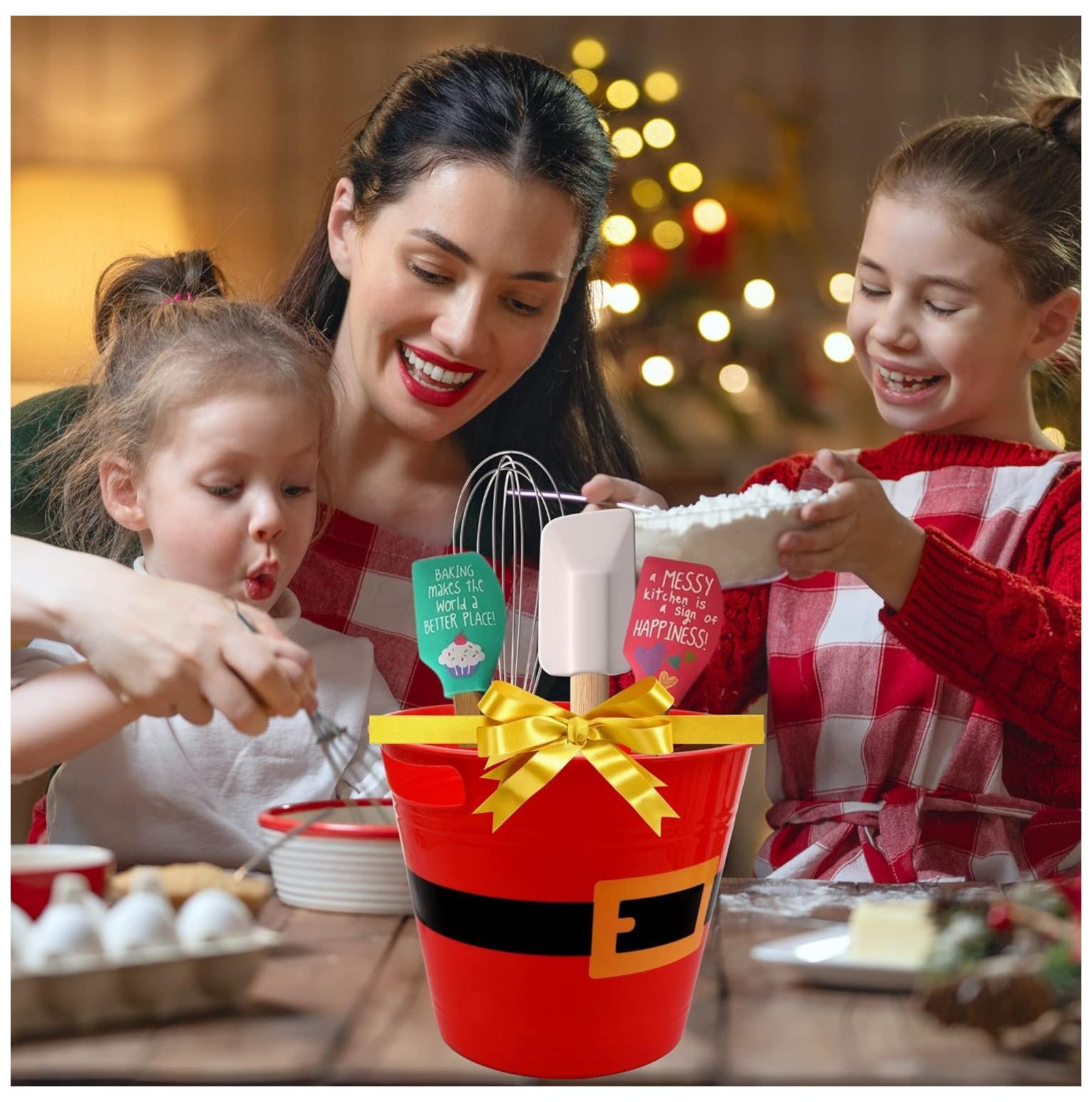 LLE Plastic Buckets with Handles, Red Santa Belt Round Basket,  Multi-Purpose Container Decorative Home Kitchen Candy Bars Vase Toy Baskets  for Christmas Winter Holiday Party Supplies Set of 4 