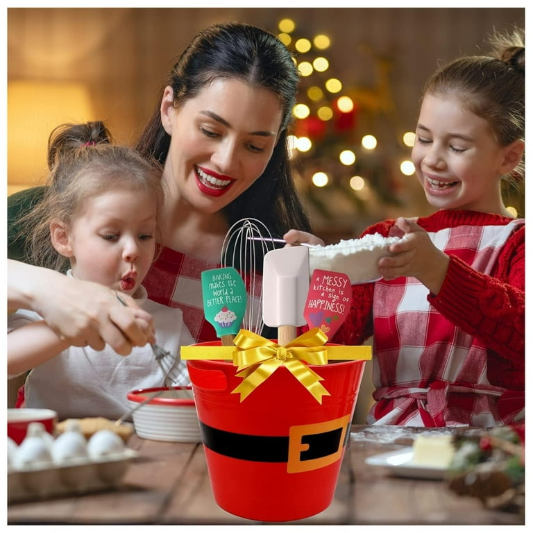 LLE Plastic Buckets with Handles, Red Santa Belt Round Basket,  Multi-Purpose Container Decorative Home Kitchen Candy Bars Vase Toy Baskets  for Christmas Winter Holiday Party Supplies Set of 4 