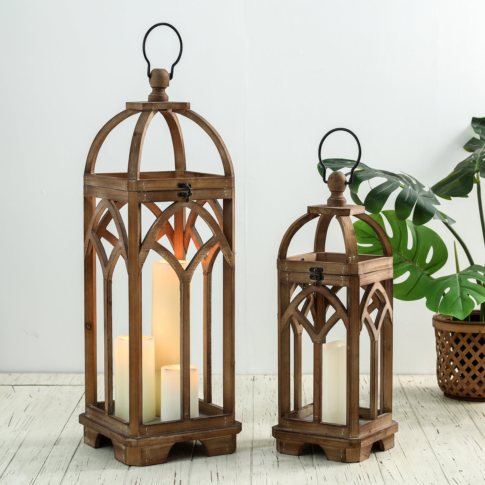 Glitzhome Farmhouse Natural Wooden church window Lanterns, Set of 2