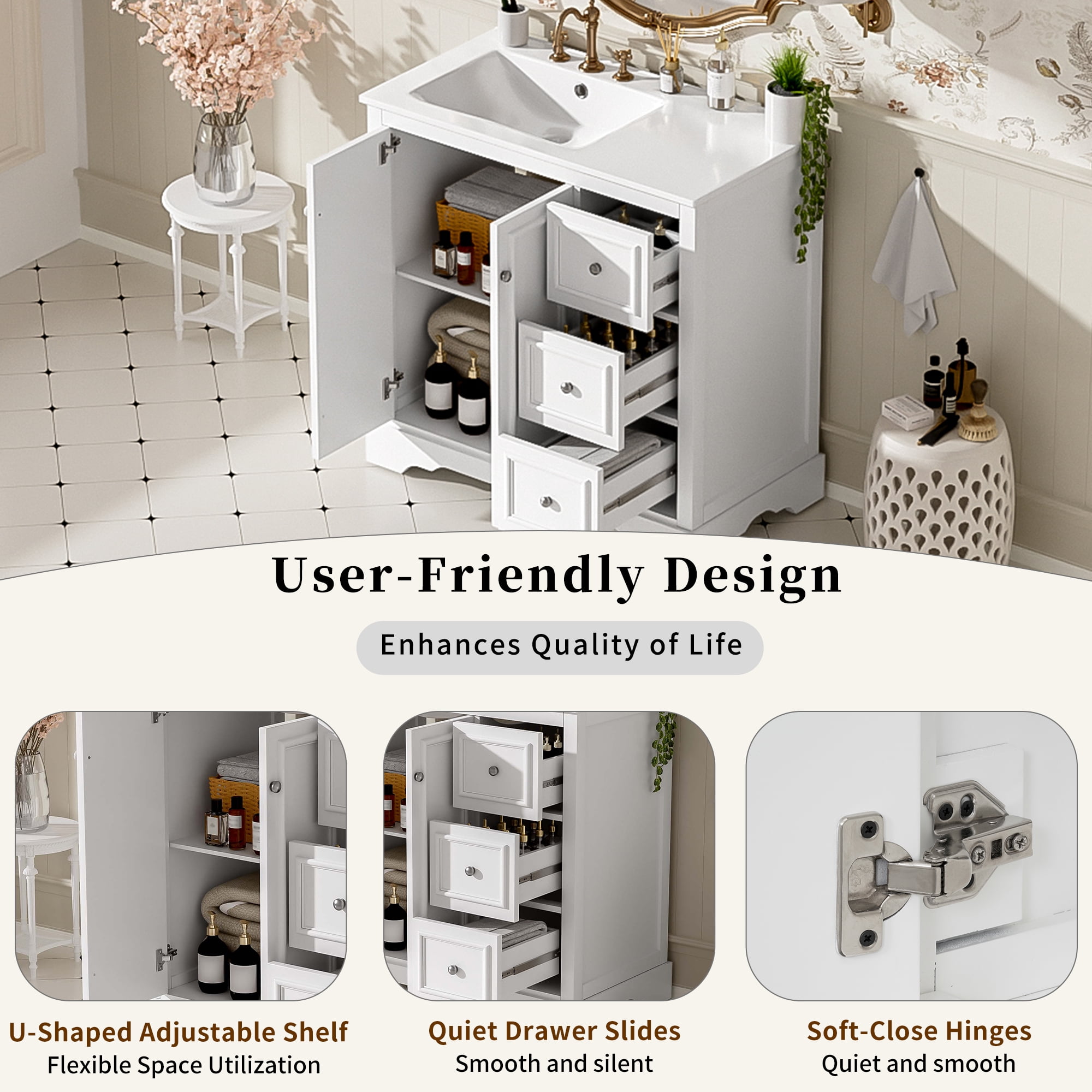Euroco 36'' transitional bathroom vanity with ceramic sink – features 2 soft-close doors, an adjustable U-shaped shelf, 3 drawers (including one with divider), painted finish, and ample storage space