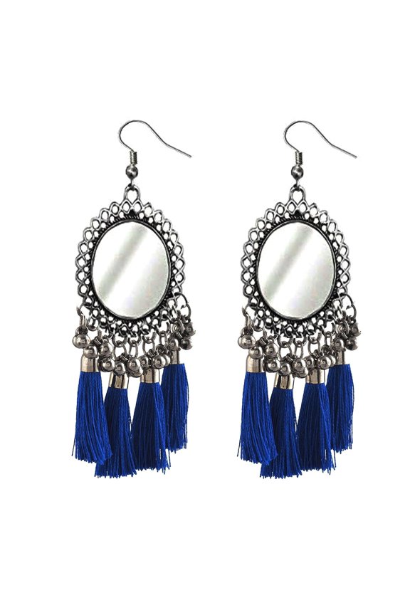 Oxidized Silver Bollywood Traditional Indian Bohemian Boho Vintage Antique Ethnic Gypsy Tribal Afgani Blue Tassel jewelry Earrings for Women