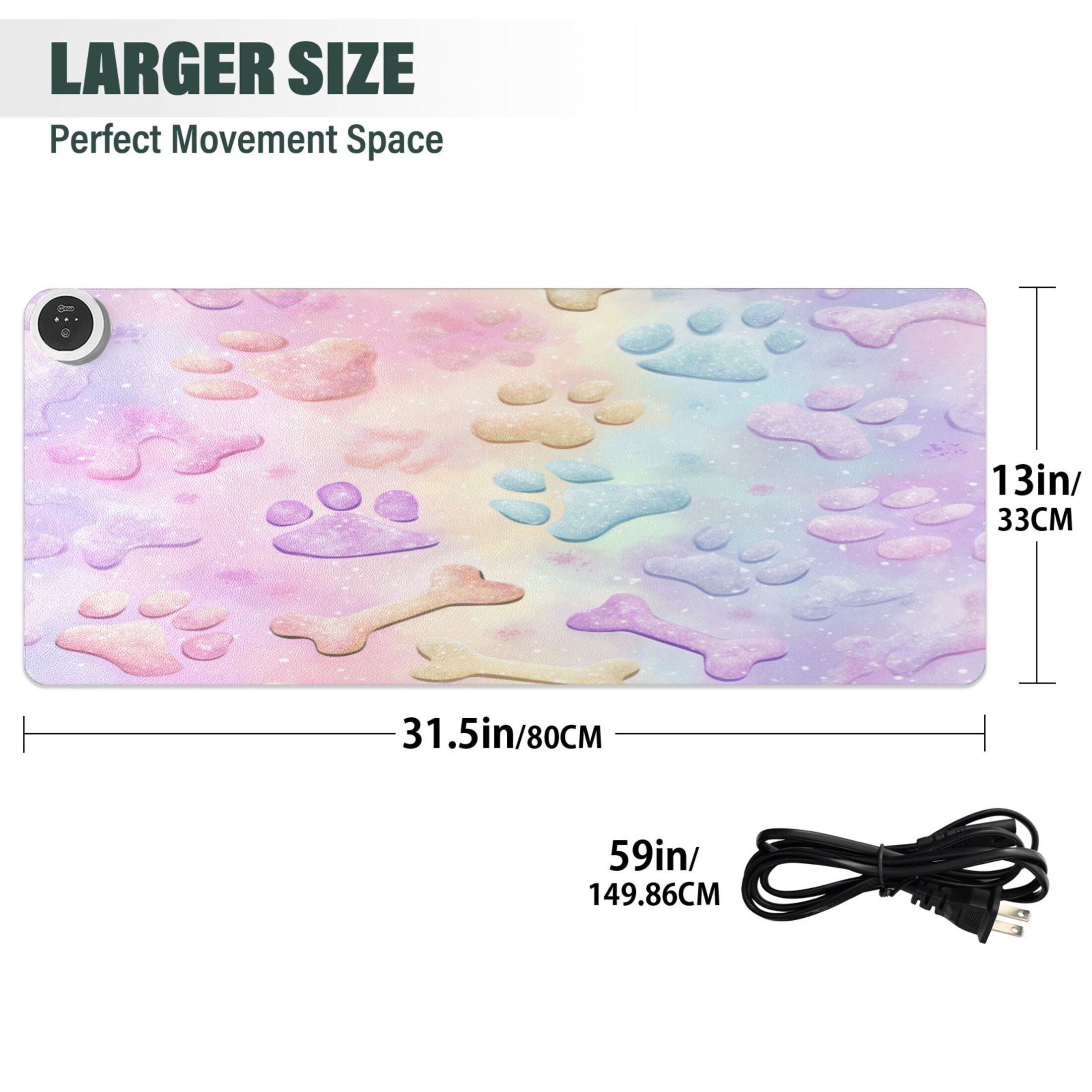 Large Heated Desk Mat Mouse Pad 31.5"x13"PU Leather Graphene Heating Desk Warmer with 3 Temperature Settings 110V US Plug Non-Slip Warm Pad for Home, Office, and Gaming Pastel Dog Bone Print