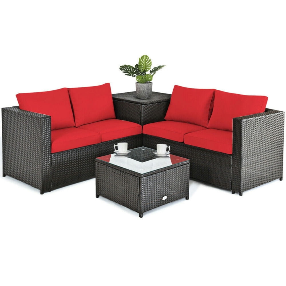 GVN Outdoor Furniture Sets, Outdoor Conversation Set,4 Pieces Outdoor Patio Rattan Furniture Set with Cushioned Loveseat and Storage Box-Red GVN Outdoor Furniture Sets, Outdoor Conversation Set,4 Pieces Outdoor Patio Rattan Furniture Set with Cushioned Loveseat and Storage Box-Red