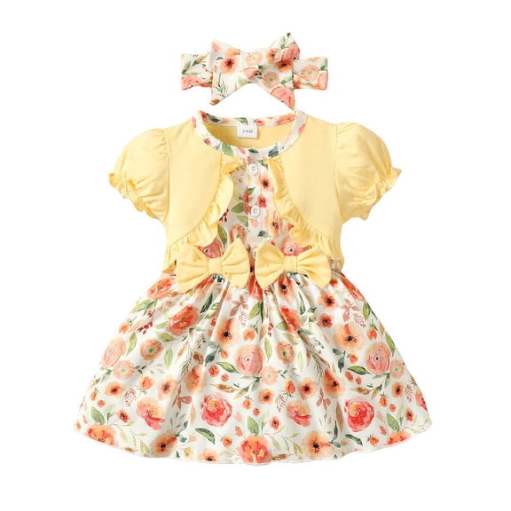 Mikrdoo Baby Girls Clothes Floral Print Bubble Sleeve Dress With Headband 2Pcs Yellow 18-24 Months