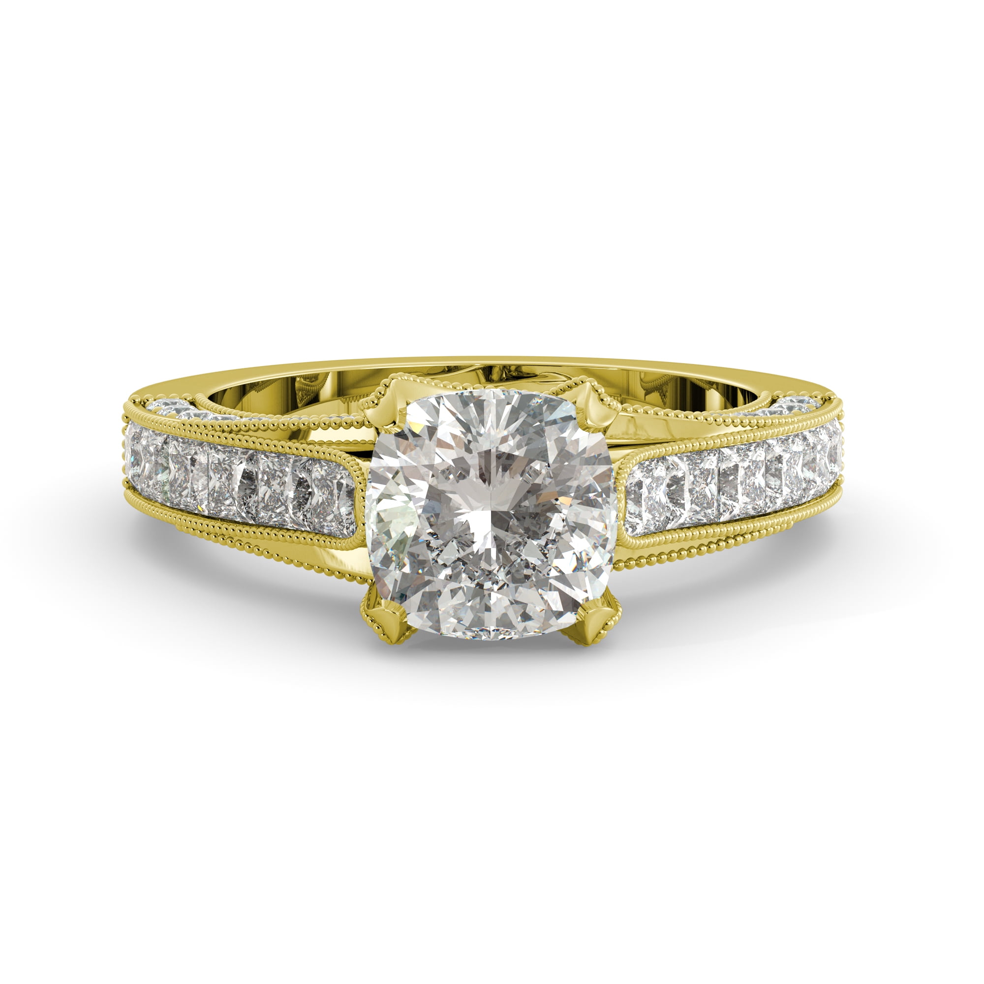 3.65 dwt Cushion One Moissanite & Round Princess Diamond Engagement Ring 18K Yellow Gold by J&H Jewelers