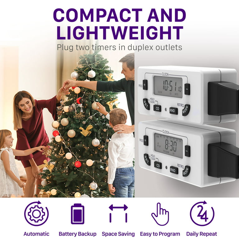 Fosmon [2 Pack] 7 Day Programmable Digital Timer Outlet, Digital Light Wall Timer with On/Off Programs, Mini Indoor Single Plug-In Timers for