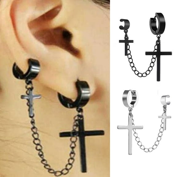 Anvazise 1Pc Punk Hip Hop Metal Chain Ear Cuff Creative Cross Tassel Men Earring Jewelry Accessories Black