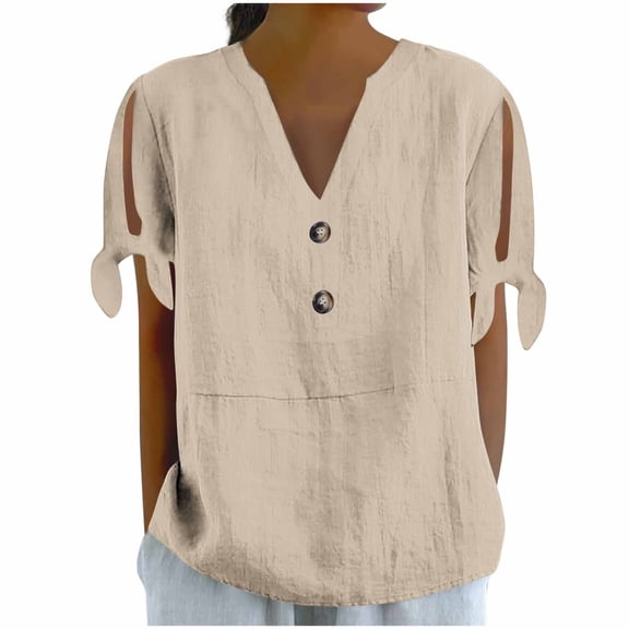 Ashyfjp Womens Tops Casual Loose-Fit Solid Color Short Sleeve V-Neck Button-Up Tie-Front Comfortable Shirts for Women, Beige, M