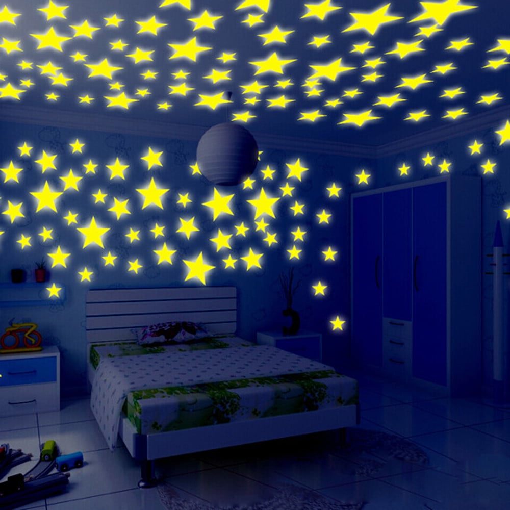 100pcs Stars 1 Moon 3D DIY Glow in the Dark Bedroom Wall Art Stickers Decor 
