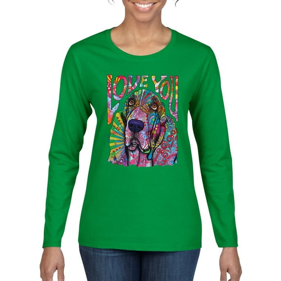 Colorful Beagle | Dogs Love You | Dean Russo Art Animal Lover Womens Long Sleeve T-Shirt, Kelly, Medium