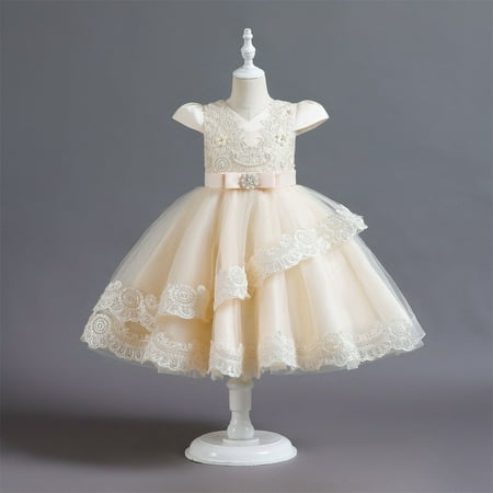 

3-12T Toddler Kids Floral Girls Dresses Wedding Dress Lace Tulle Vintage Dresses Champagne Color 3-4 Years
