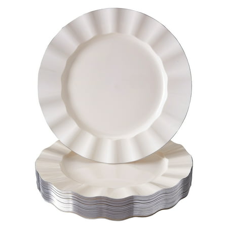 DISPOSABLE DINNER PLATES | 20 pc | Heavy Duty Plastic Dishes | Elegant Fine China Look | Veil - Ivory (11.25”)