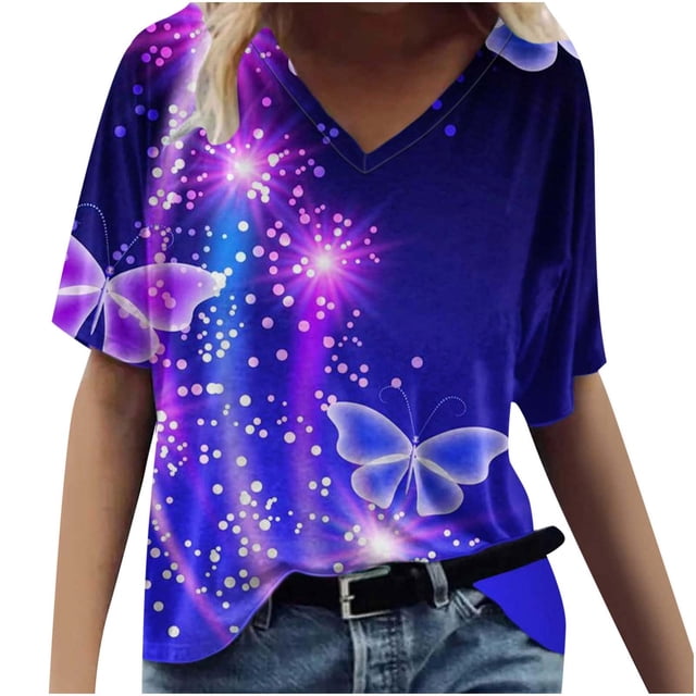 Blusa de manga corta con cuello en V informal para mujer a la moda, camisetas de verano Pompotops hkajfhjk462101
