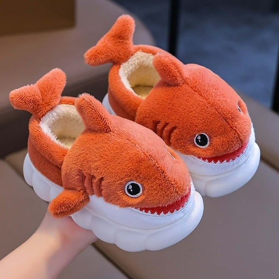 SGFCWSX Kids Shark Plush Slippers Warm Home Footwear for Girls Boys Cute House Shoes Orange Size 3-4Years
