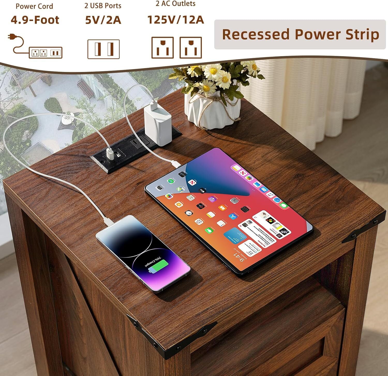 Farmhouse 3-Piece Living Room Set, Coffee Table with Hidden Storage Organizer & Nightstands with Charging Station, for Home, Office